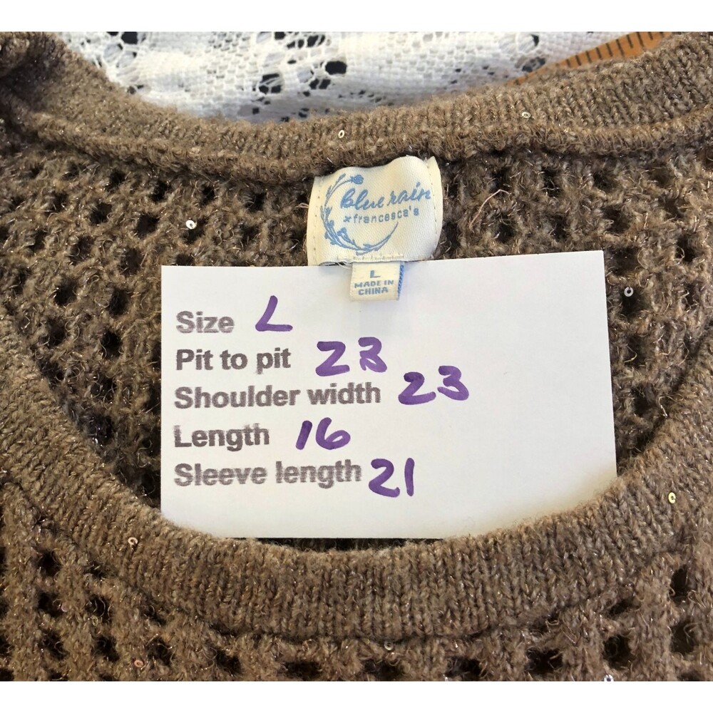 Blue Rain x Francescas Brown Sequin Mesh Cropped Sweater Size L - Picture 16 of 16